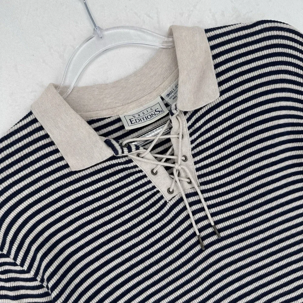 Vintage Basic Edition Lace Up Top Womens Size Small Navy Blue Stripes 90s Y2K - Picture 4 of 9